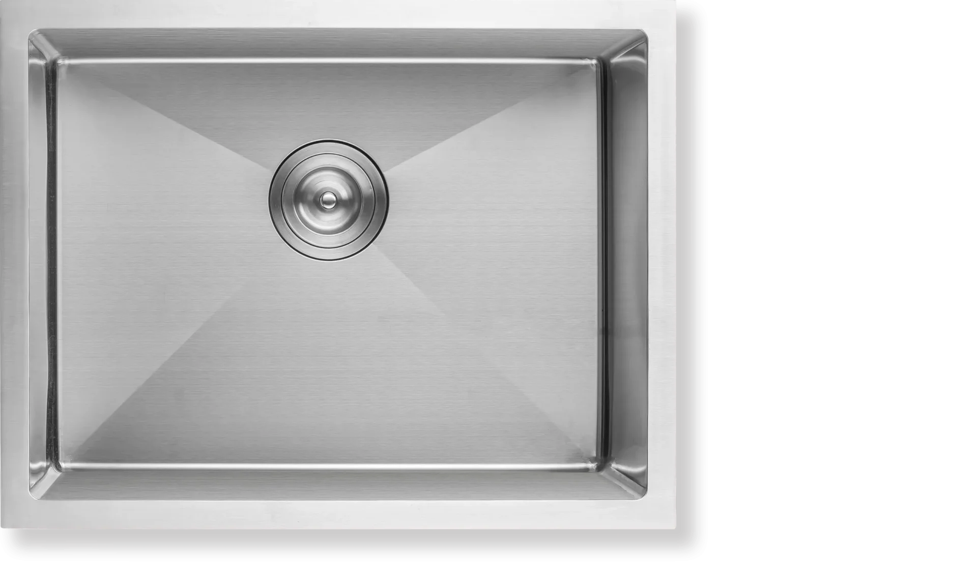 Top view of a compact brushed stainless steel single bowl kitchen sink