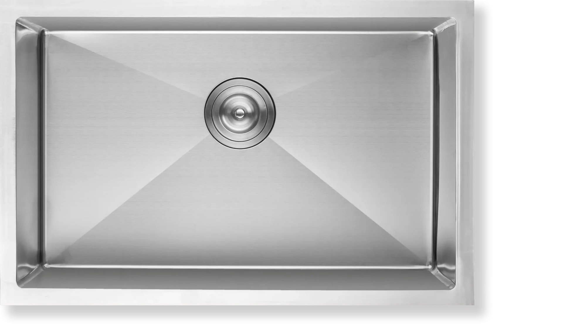 Top view of a classic rectangular brushed stainless steel single bowl kitchen sink