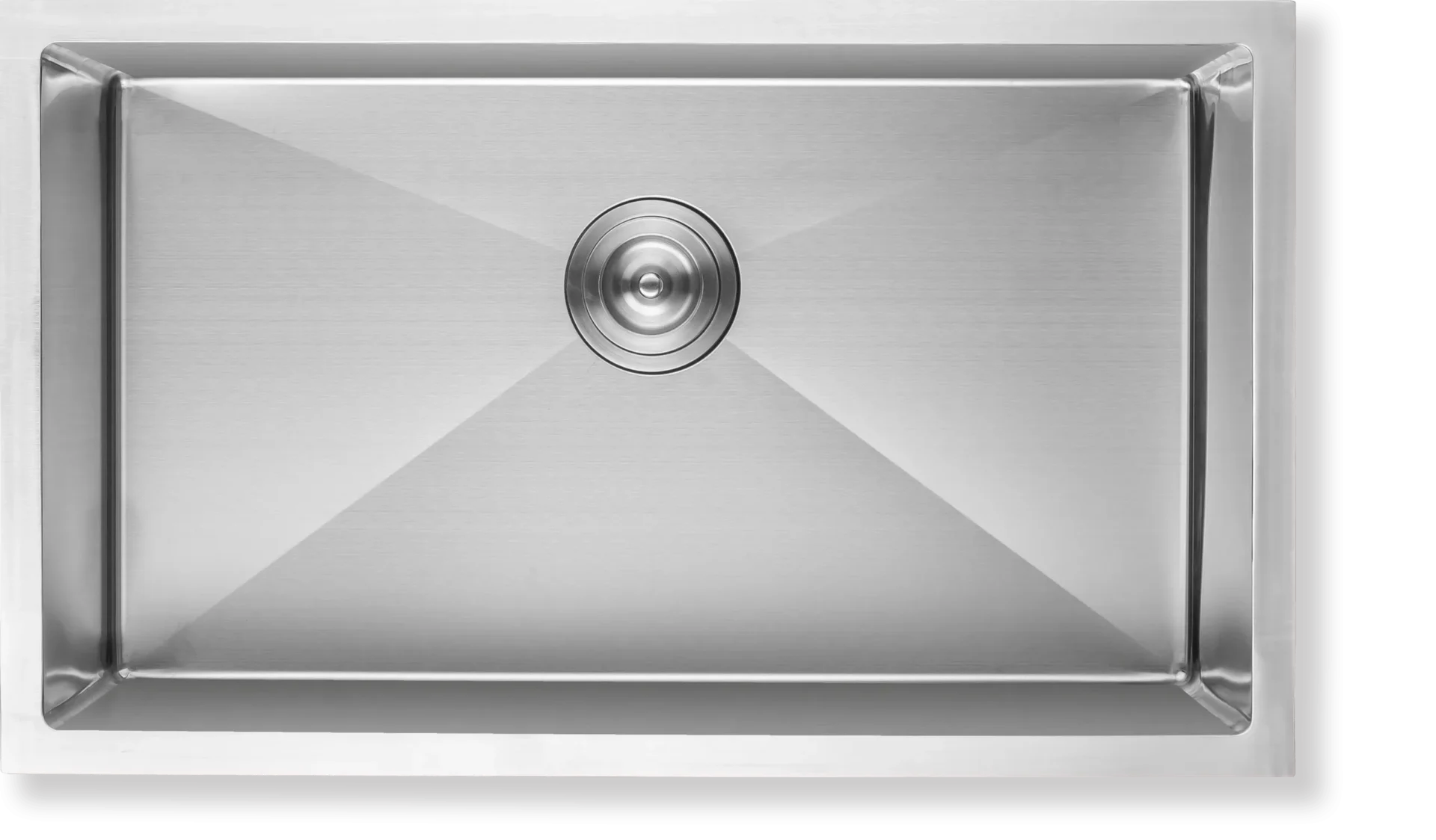 Top view of a wide brushed stainless steel single bowl kitchen sink
