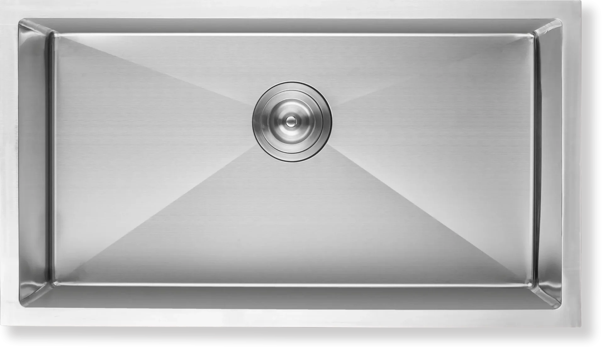 Top view of an extra-wide brushed stainless steel single bowl kitchen sink