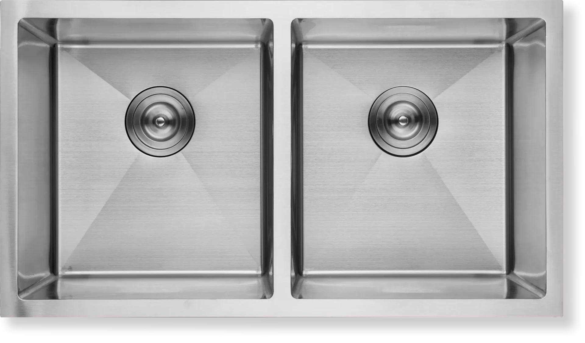 Top view of a wide brushed stainless steel equal double bowl kitchen sink