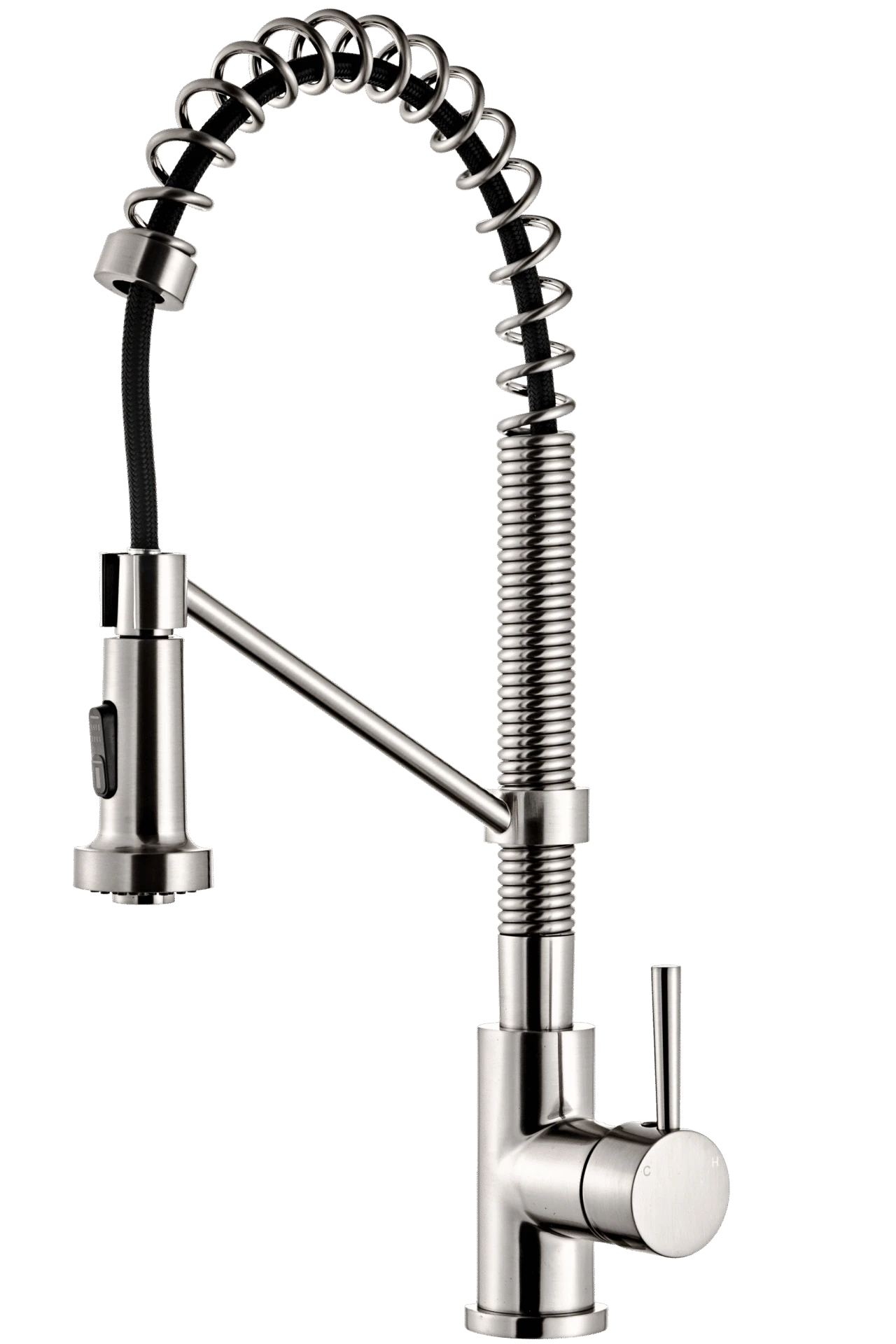 Brushed nickel commercial spring pull-down kitchen faucet with an exposed coil and single lever