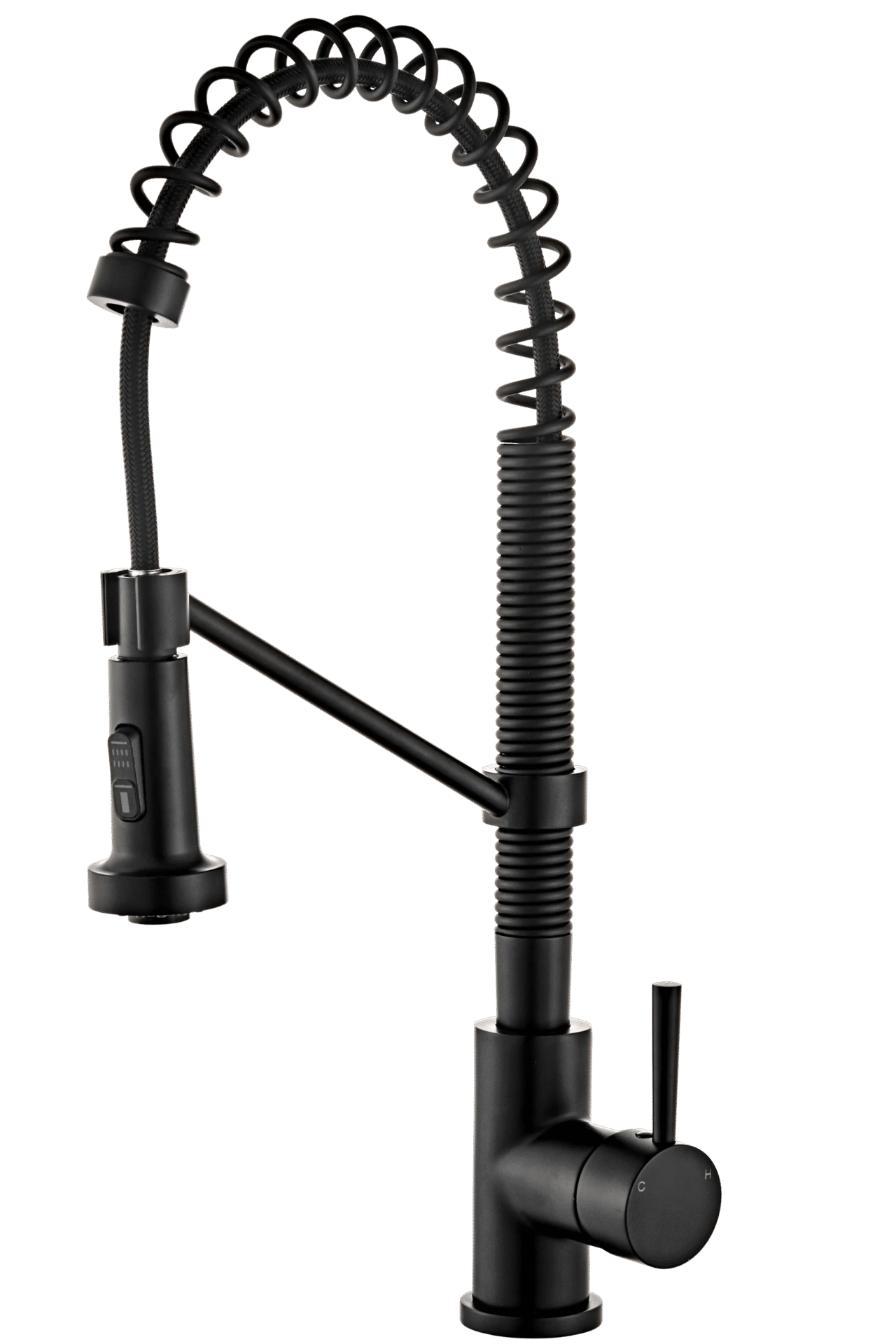 Matte black commercial spring pull-down kitchen faucet with an exposed coil and single lever