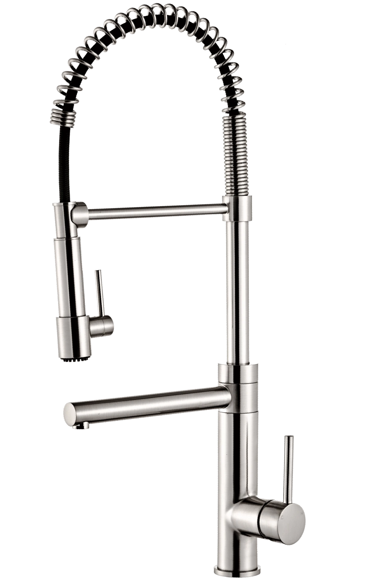 Stainless steel bridge-style spring kitchen faucet with a pull-down spray head and single lever