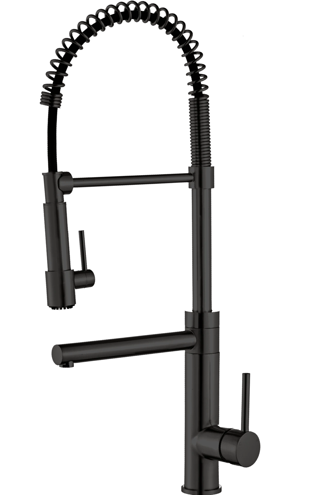 Matte black bridge-style spring kitchen faucet with a pull-down spray head and single lever