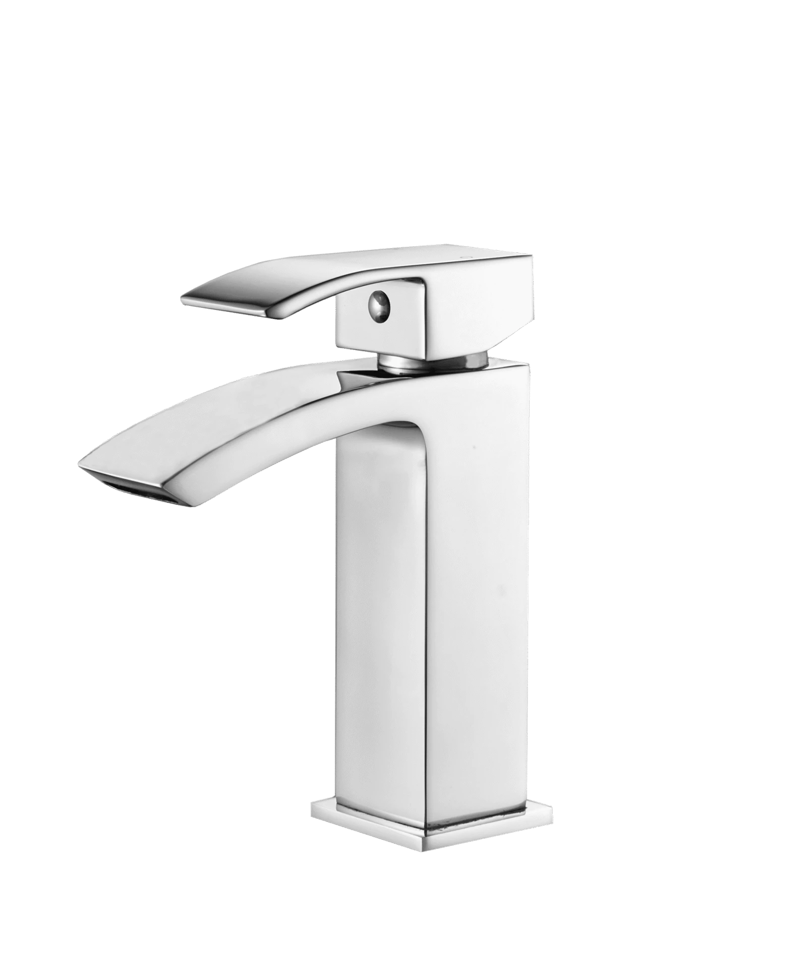 Chrome angular single-handle bathroom vanity faucet with a broad waterfall-style spout