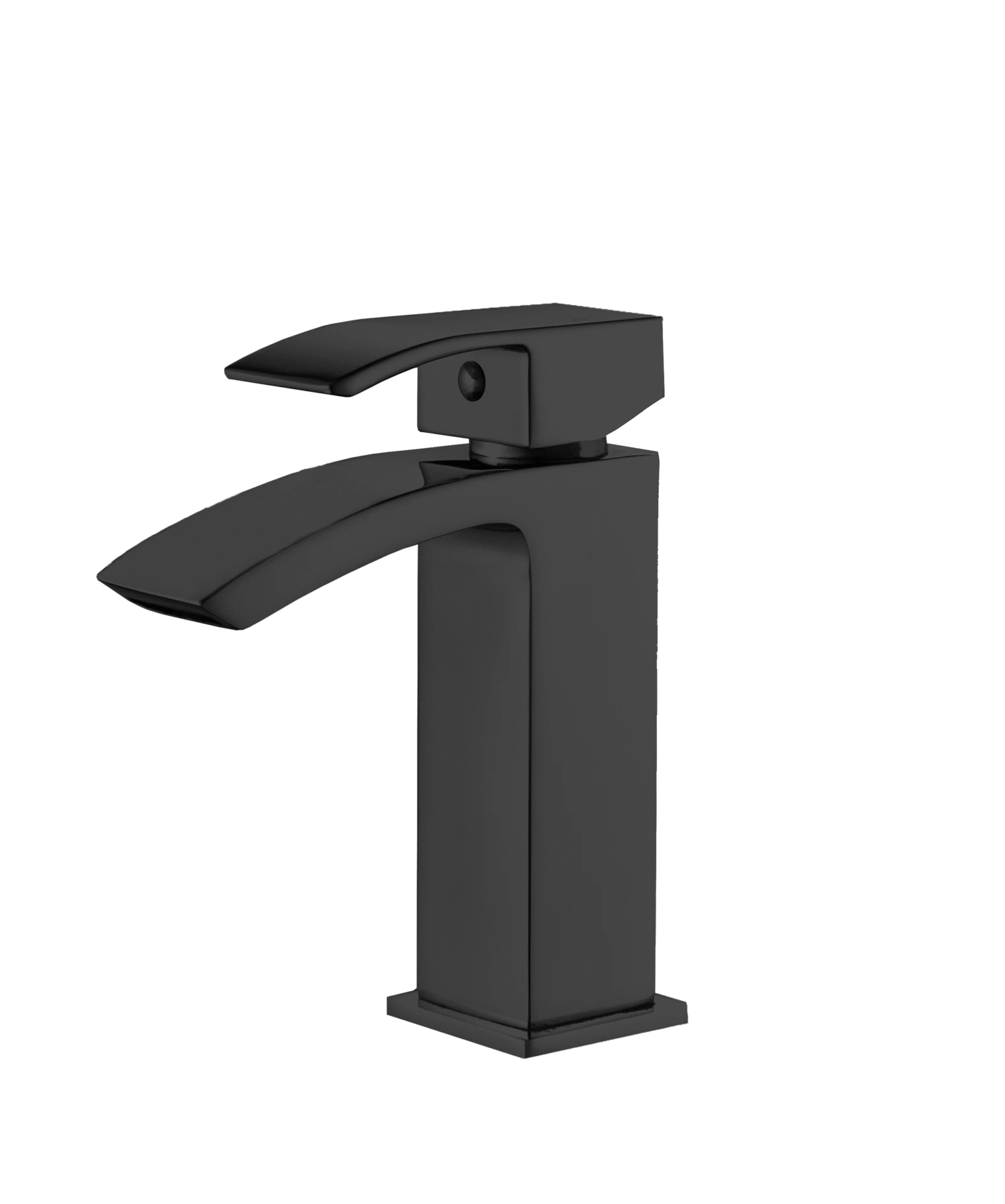 Matte black angular single-handle bathroom vanity faucet with a broad waterfall-style spout