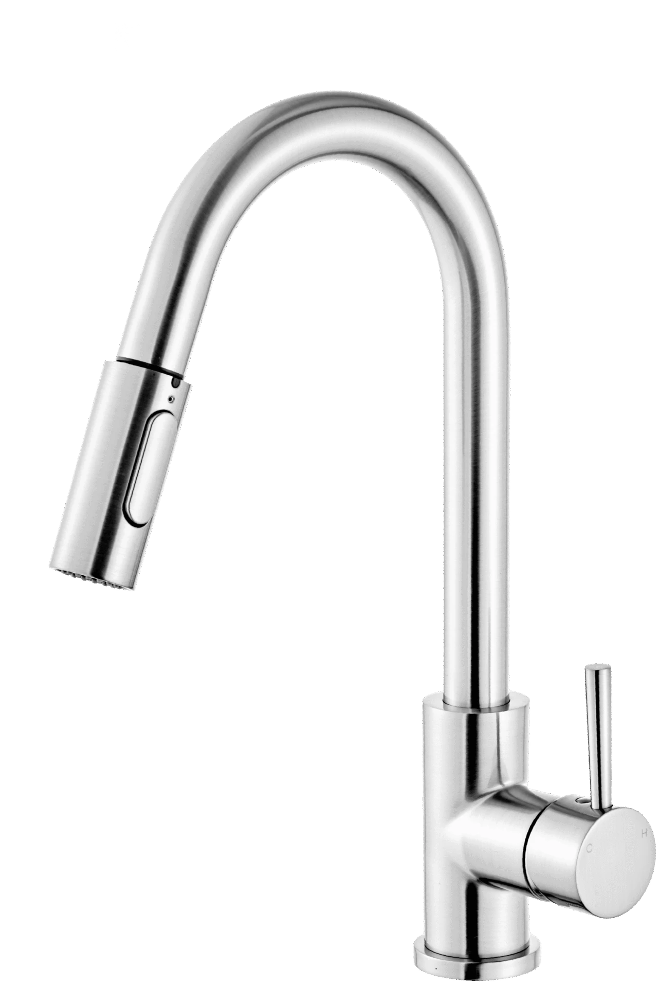 Chrome contemporary pull-down kitchen faucet with an open high arc spout and single lever