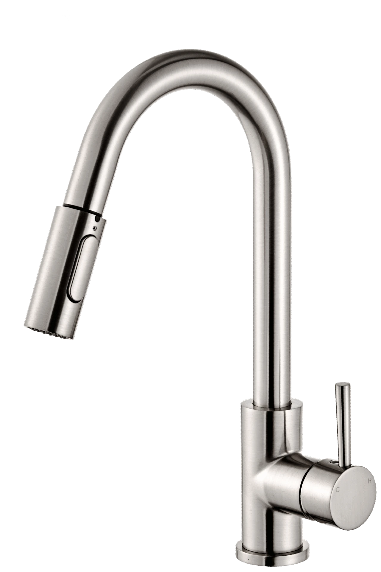 Brushed nickel contemporary pull-down kitchen faucet with an open high arc spout and single lever