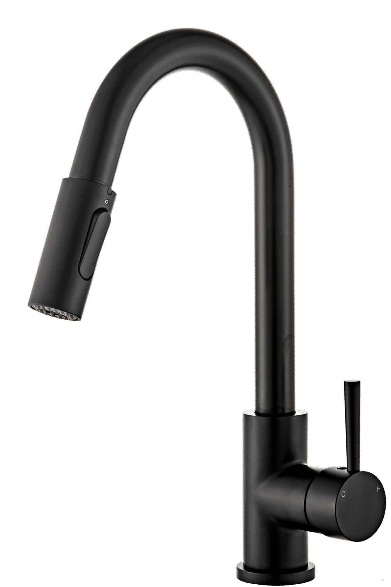 Matte black contemporary pull-down kitchen faucet with an open high arc spout and single lever