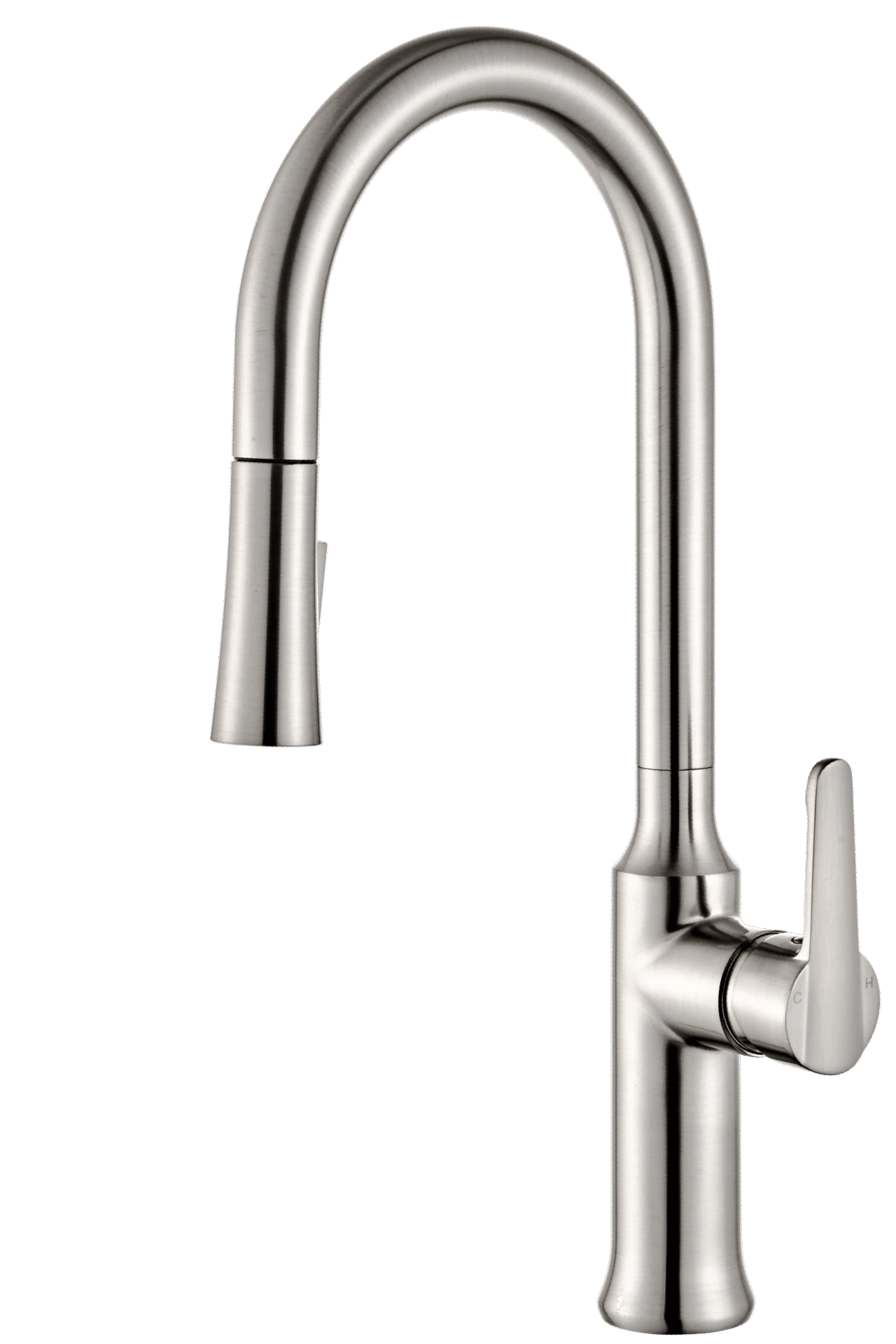 Brushed nickel tall pull-down kitchen faucet with a streamlined high arc spout and single lever