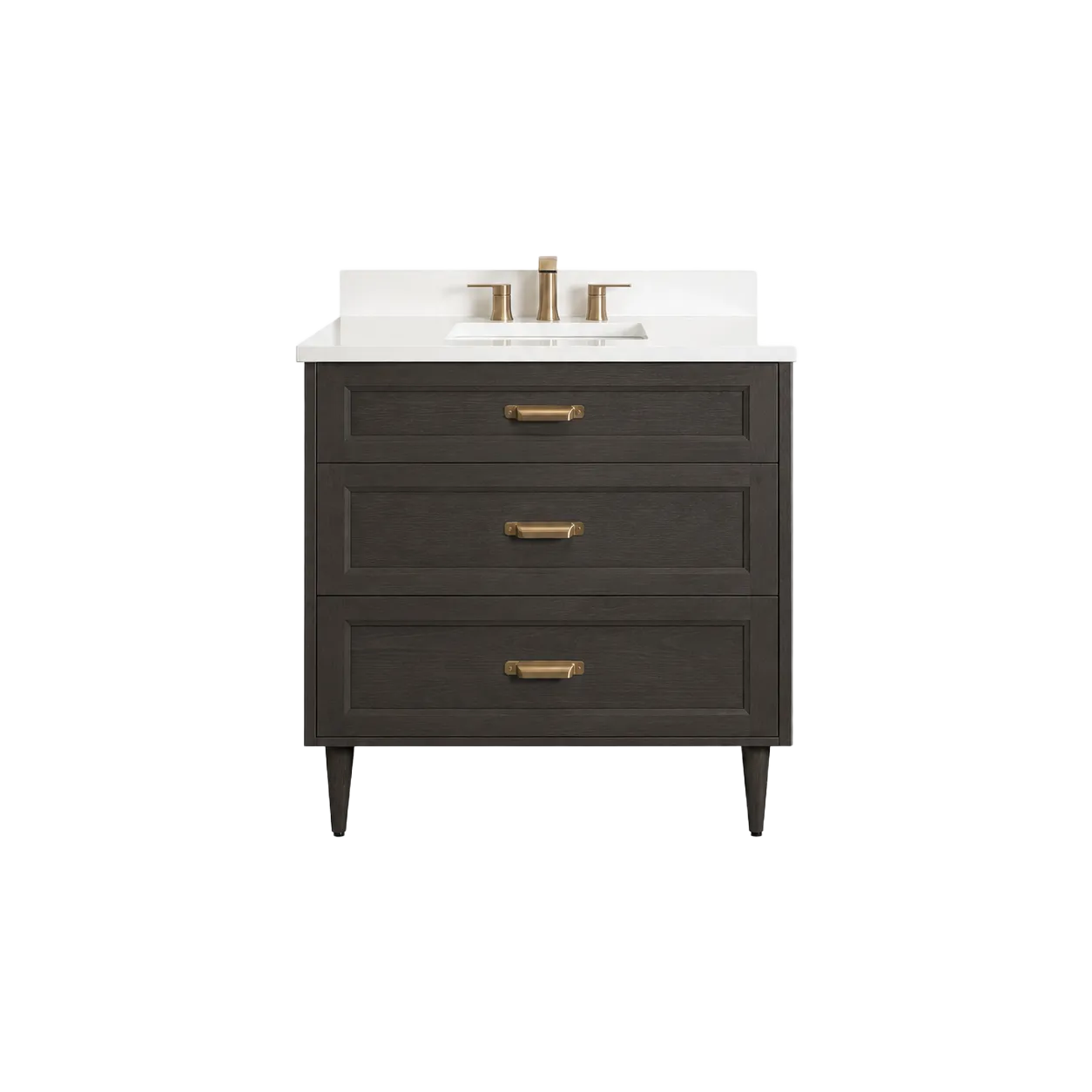Charcoal woodgrain single-sink bathroom vanity with three Shaker-style drawers, white top and brushed brass hardware