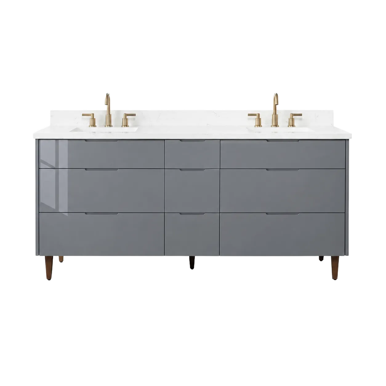 Gloss grey slab-front double-sink bathroom vanity with white top, nine drawers and integrated finger pulls
