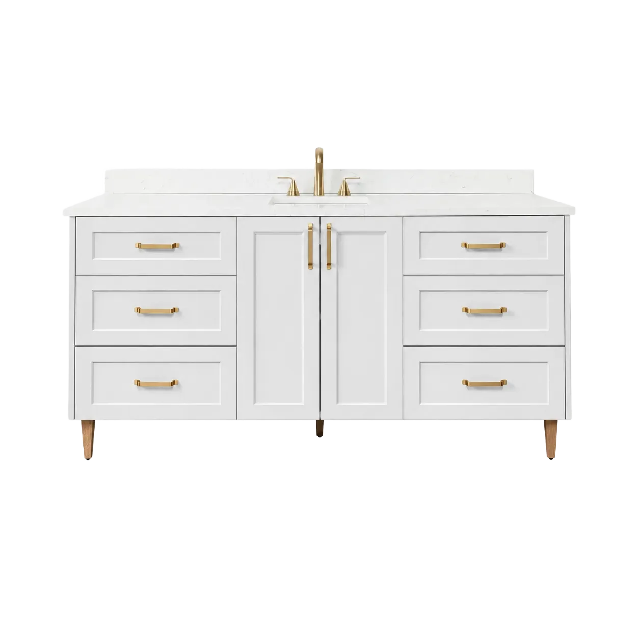 Bright white Shaker single-sink bathroom vanity with centre doors, six drawers, white top and brushed brass hardware