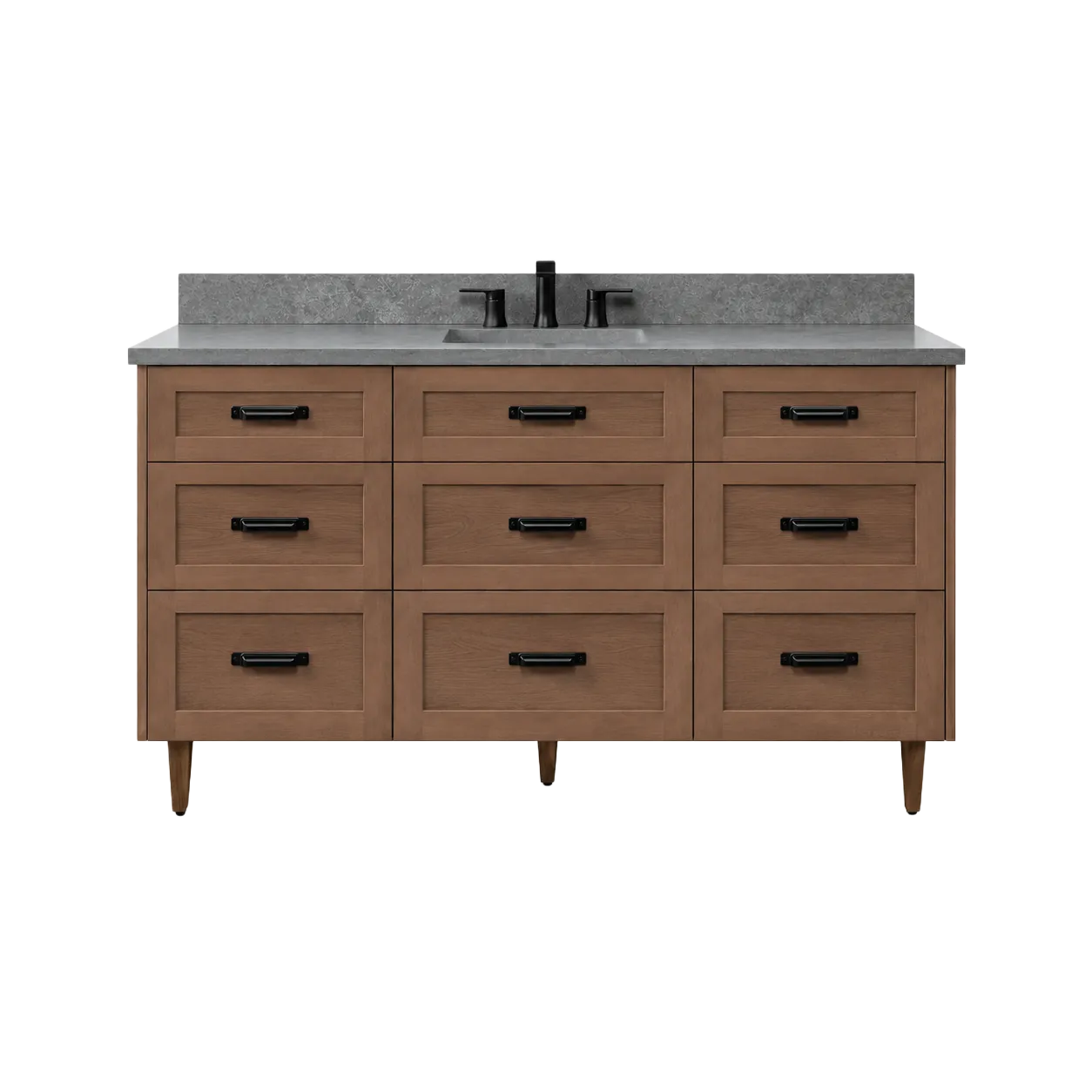 Warm walnut woodgrain Shaker single-sink bathroom vanity with nine drawers, grey stone-look top and black pulls