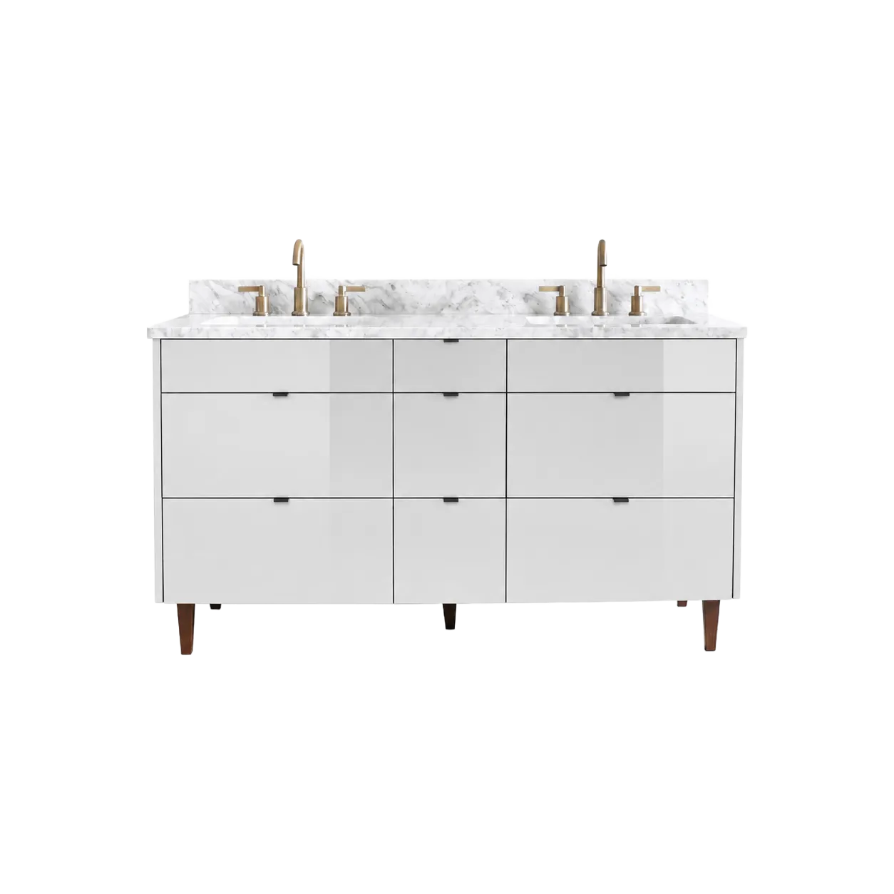 Matte white slab-front double-sink bathroom vanity with marble-look top, nine drawers and minimal black pulls